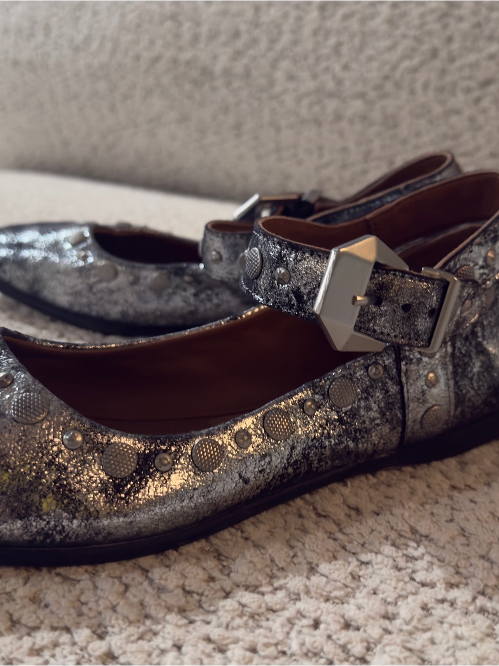 Free People Metallic Silver Mary Jane Flats with Ankle Strap - Picture 3 of 6
